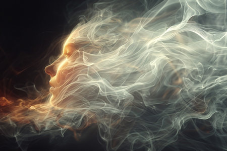 Ethereal female face emerging from swirling smoke, creating a mystical and artistic atmosphere.の素材