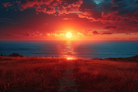 Vibrant sunset over a calm ocean, with reddish hues illuminating the sky and landscape.の素材