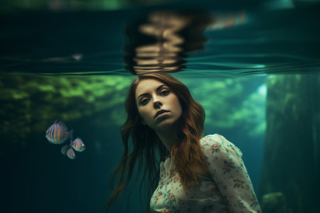 A serene underwater portrait of a young woman with long brown hair, surrounded by colorful fish.の素材