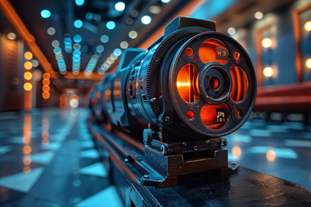 Close-up of a professional camera gear with vibrant orange accents in a sleek, modern setting.の素材