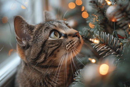 A curious tabby cat gazes at a beautifully decorated Christmas tree with glowing lights.の素材