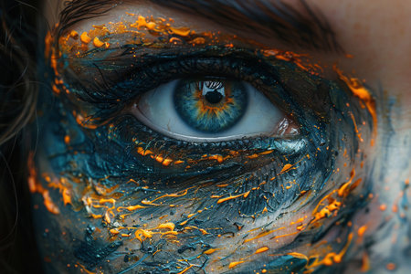 Close-up of a captivating blue eye with vibrant orange and blue paint artwork on skin.の素材