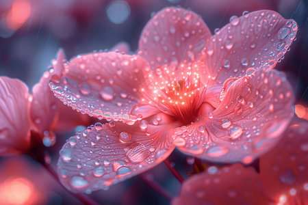Close-up of a pink flower with water droplets, creating a dreamy and fresh atmosphere.の素材