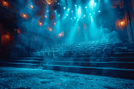 A theatrical stage illuminated in blue light, creating an atmospheric and dramatic ambiance with fog.の素材