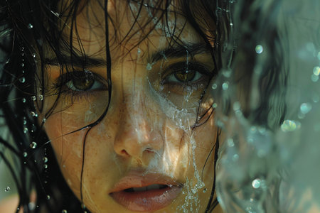 Close-up of a young woman with dark hair and freckles, water cascading down her face, capturing a serene moment.の素材