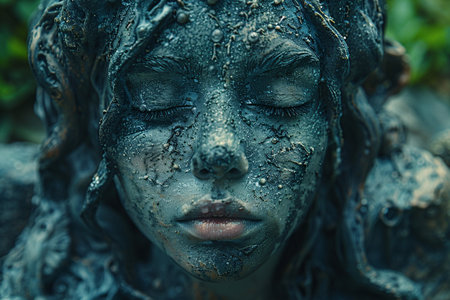 A serene young woman with intricate, textured skin resembling stone, eyes closed in tranquility.の素材
