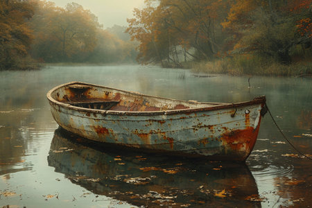 A weathered boat floats on calm water, surrounded by autumn foliage and a soft morning mist.の素材
