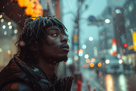 A young Black man gazes upward in the snow during a rainy evening, capturing a contemplative moment.の素材