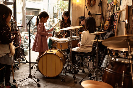 Four young girls passionately playing drums in a cozy music shop.の素材