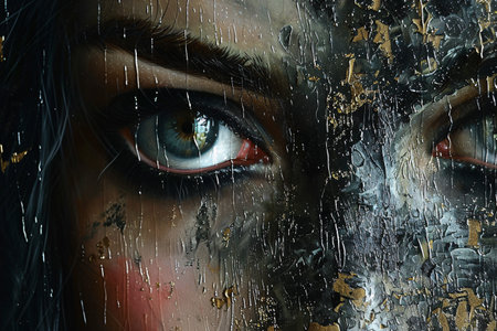 Close-up of a striking female face with intense eyes, surrounded by textured, peeling paint for an artistic effect.の素材