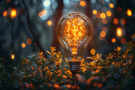 A glowing light bulb surrounded by greenery, creating a magical atmosphere with warm tones.の素材