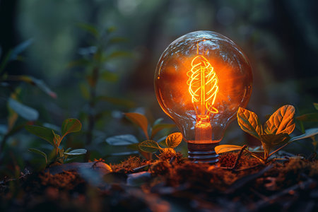 A glowing vintage light bulb surrounded by lush greenery, emanating warm light in a serene atmosphere.の素材