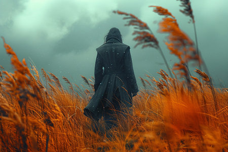 A mysterious figure in a black coat walks through orange grass under stormy clouds, evoking a somber mood.の素材