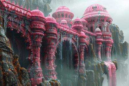 A stunning, pink fantasy structure surrounded by misty mountains and waterfalls.の素材