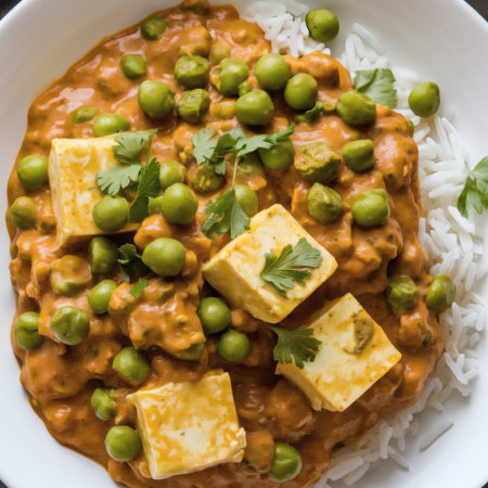 A delicious vegetarian curry dish with paneer, green peas, and cilantro served over rice.の素材