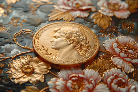 Close-up of an ornate gold coin resting on a floral embossed surface, showcasing intricate details.の素材