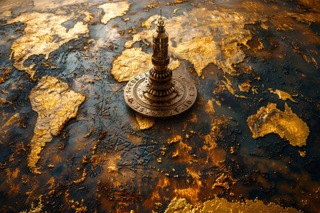 An ornate compass rests atop a golden world map, symbolizing exploration and adventure.の素材