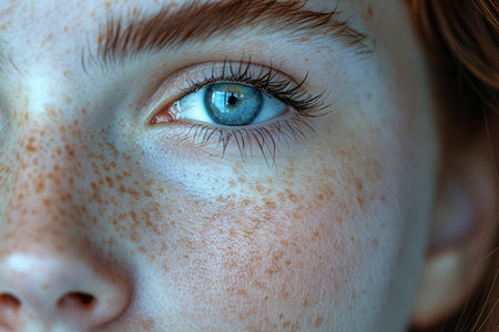 Close-up of a young girl with blue eyes and freckles, showcasing her natural beauty and captivating gaze.の素材