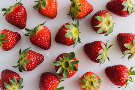 Fresh red strawberries scattered on a light surface, showcasing their vibrant color and dewy texture.の素材
