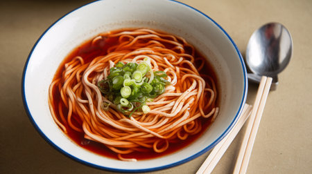 A bowl of noodles topped with green onions in a rich red broth.の素材
