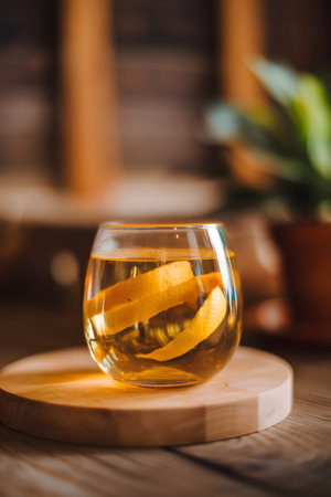 A glass of golden tea with lemon slices sits elegantly on a wooden coaster.の素材