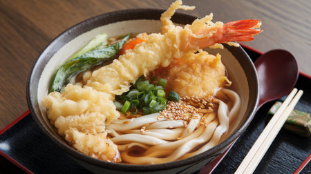 Delicious bowl of tempura udon with shrimp and vegetables, inviting and flavorful.の素材