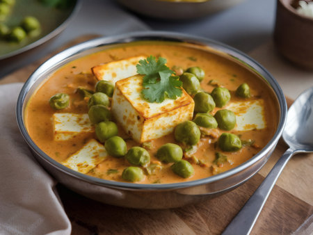 A vibrant curry dish featuring cubes of paneer and green peas garnished with fresh cilantro.の素材