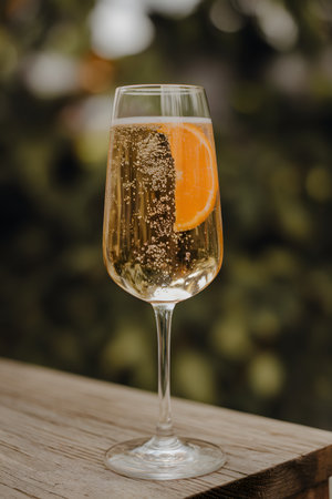 A refreshing glass of sparkling wine with a slice of orange, set against a lush green background.の素材