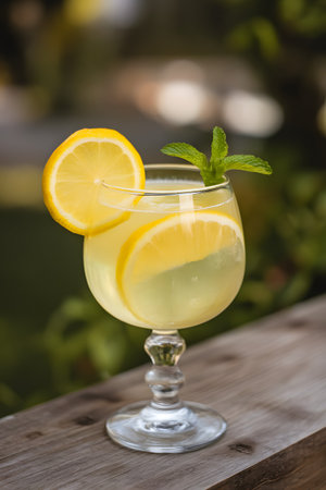 Refreshing lemon cocktail garnished with mint leaves and lemon slices in a garden setting.の素材