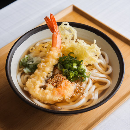Delicious shrimp tempura udon with fresh toppings in a stylish bowl.の素材