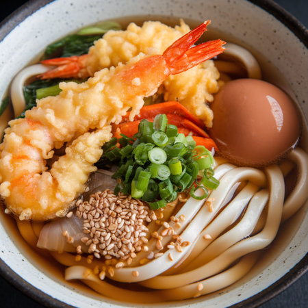 Delicious bowl of udon noodles topped with shrimp tempura and fresh vegetables.の素材