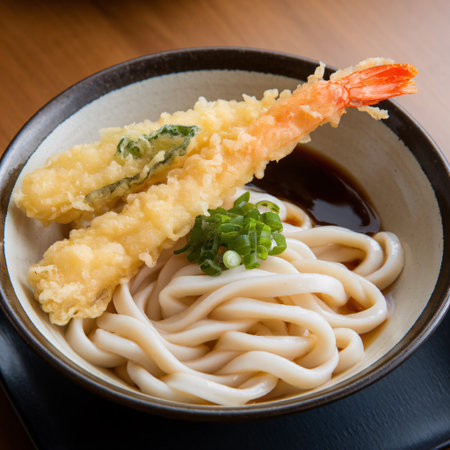 A bowl of udon noodles topped with crispy shrimp tempura and green onions.の素材