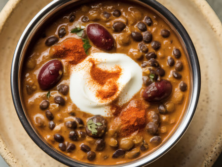 A delicious bowl of mixed bean chili topped with yogurt and spices, inviting and hearty.の素材