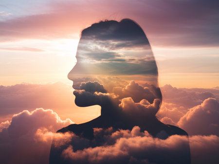 A serene profile of a woman with a dreamy cloudscape blending into the sunset.の素材