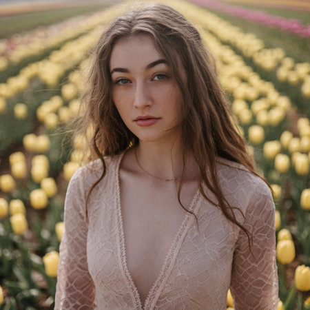 Young woman with long hair stands among vibrant yellow tulips in a floral field.の素材
