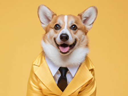 A happy corgi dressed in a yellow suit and black tie, posing against a vibrant yellow background.の素材