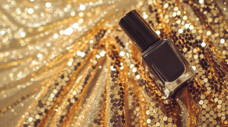 A sleek black nail polish bottle atop a shimmering gold backdrop, exuding elegance and luxury.の素材