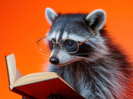 A raccoon wearing glasses reads a book against an orange background, showcasing a whimsical and intelligent vibe.の素材
