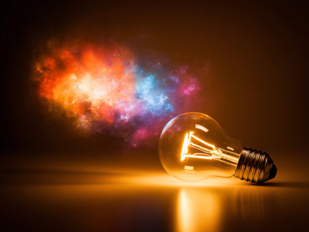 A glowing light bulb with a colorful explosion of energy in the background.の素材