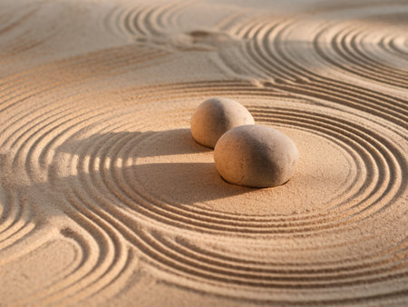 Two smooth stones on a raked sand pattern creating a serene and calming atmosphere.の素材