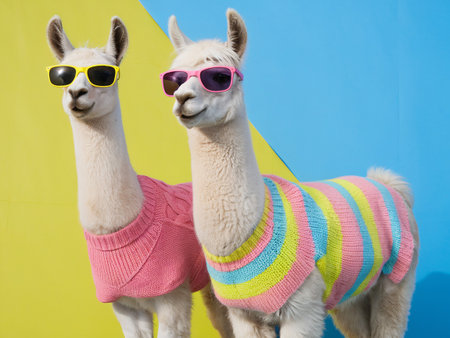 Two stylish llamas dressed in colorful sweaters and sunglasses against a vibrant background.の素材