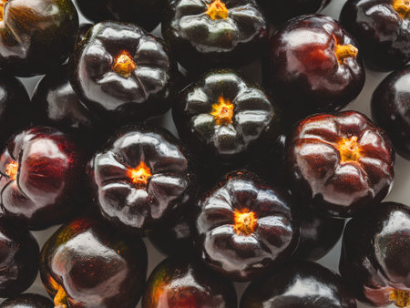 Fresh dark purple vegetables arranged closely, highlighting their glossy textures and vibrant colors.の素材