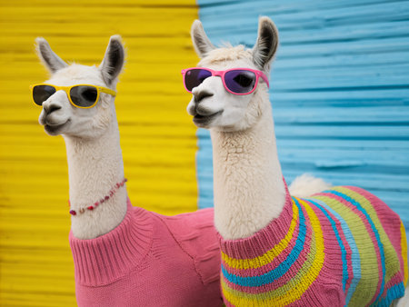 Two playful llamas in colorful sweaters and sunglasses against a vibrant backdrop.の素材