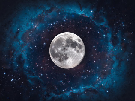 A stunning full moon shines brightly against a cosmic background filled with twinkling stars.の素材