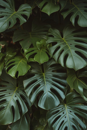 Lush green monstera leaves creating a vibrant, tropical backdrop.の素材