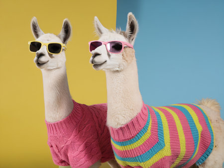 Two llamas wearing colorful sweaters and sunglasses against a vibrant yellow and blue backdrop.の素材