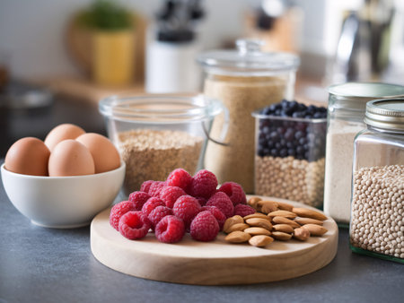 Colorful assortment of fresh ingredients including raspberries, almonds, and eggs on a kitchen countertop.の素材
