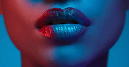 Close-up of a female's lips illuminated with blue and red lighting, creating a striking visual contrast.の素材
