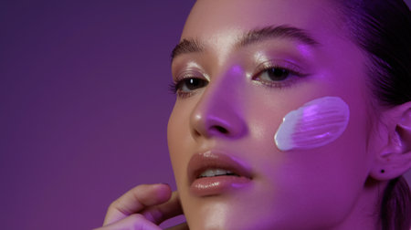 Young woman applying cream on her face with a purple background, showcasing skincare routine and beauty.の素材