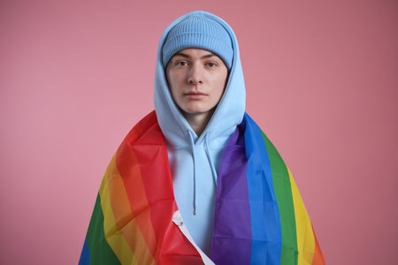 Young male, Caucasian, wearing a blue hoodie and a rainbow flag, conveys a message of pride and inclusivity.の素材